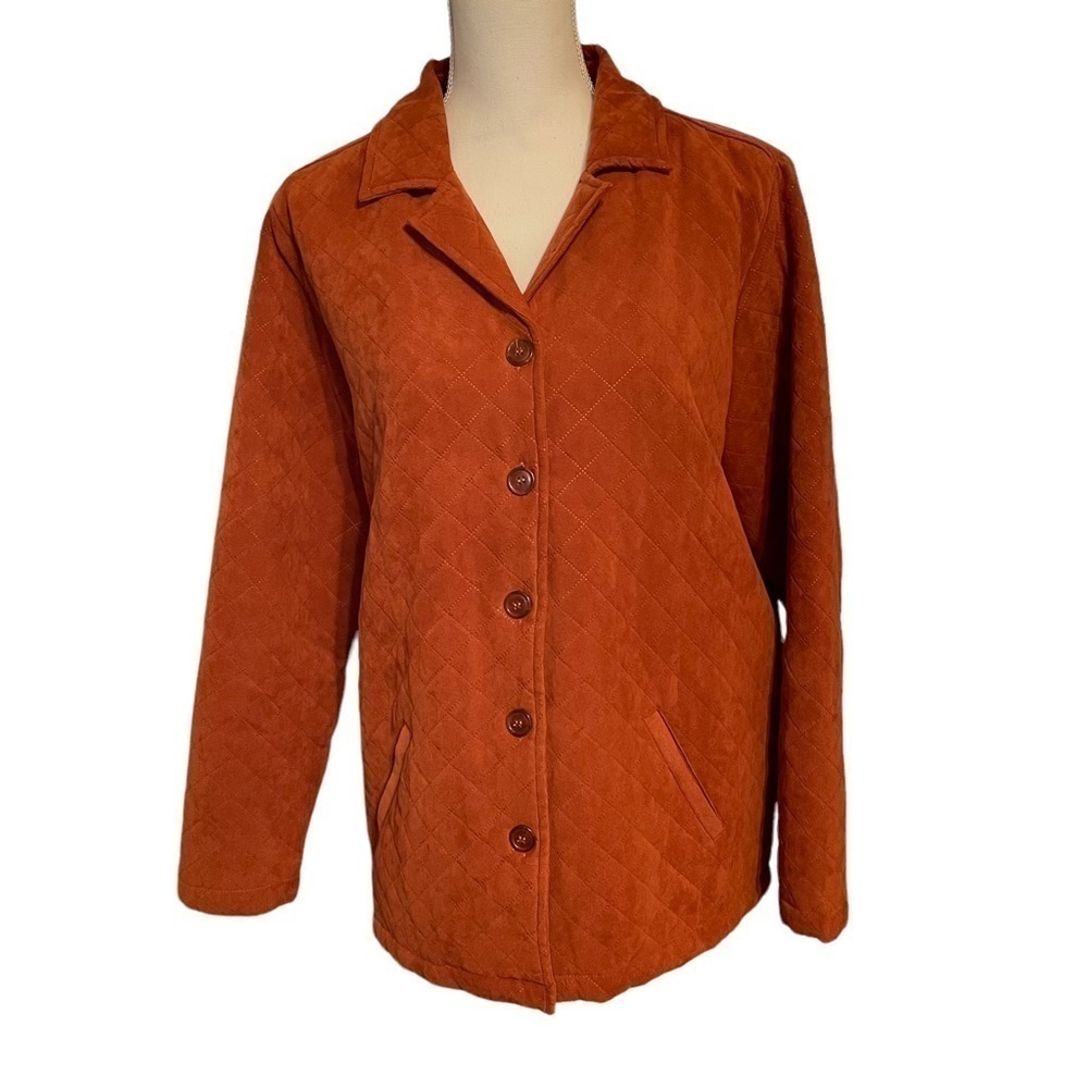 Lemon Grass Rust Orange Quilted Long Sleeve Barn Jacket Button Front. Large Tall